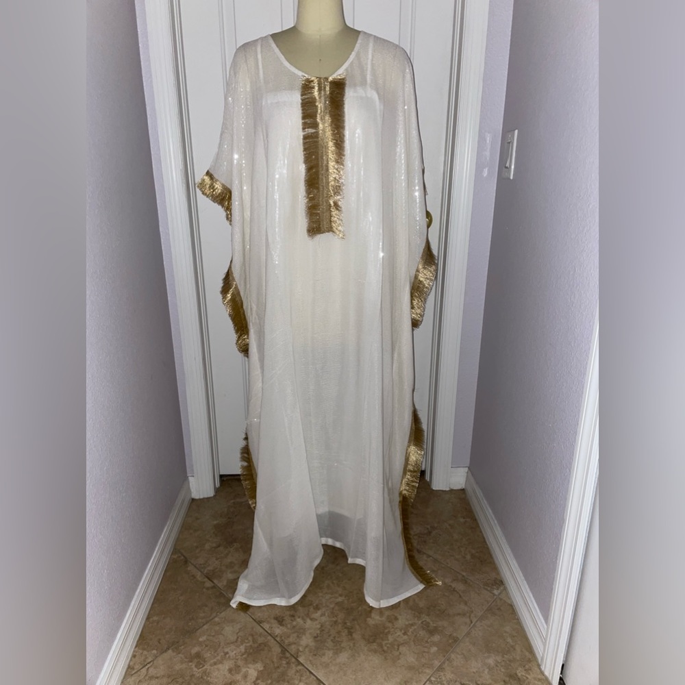 SAMA SITARA White Sequin/Gold Fringe Caftan/Dress - Picture 5 of 5